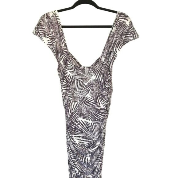 TART Size S Palm Leaf Print Ruched Bodycon Dress Stretch Navy White V-Neck - Picture 2 of 10